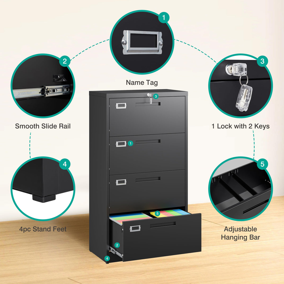 Black 4 Drawer Metal Lateral File Cabinet with Lock K91697