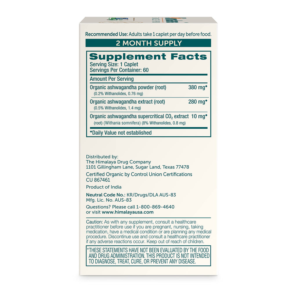 USDA Organic Ashwagandha Root 670 mg 60 Caplets V193023