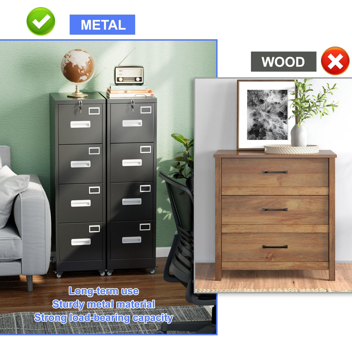 4 Drawer Metal File Cabinet with Lock, Black Q1686