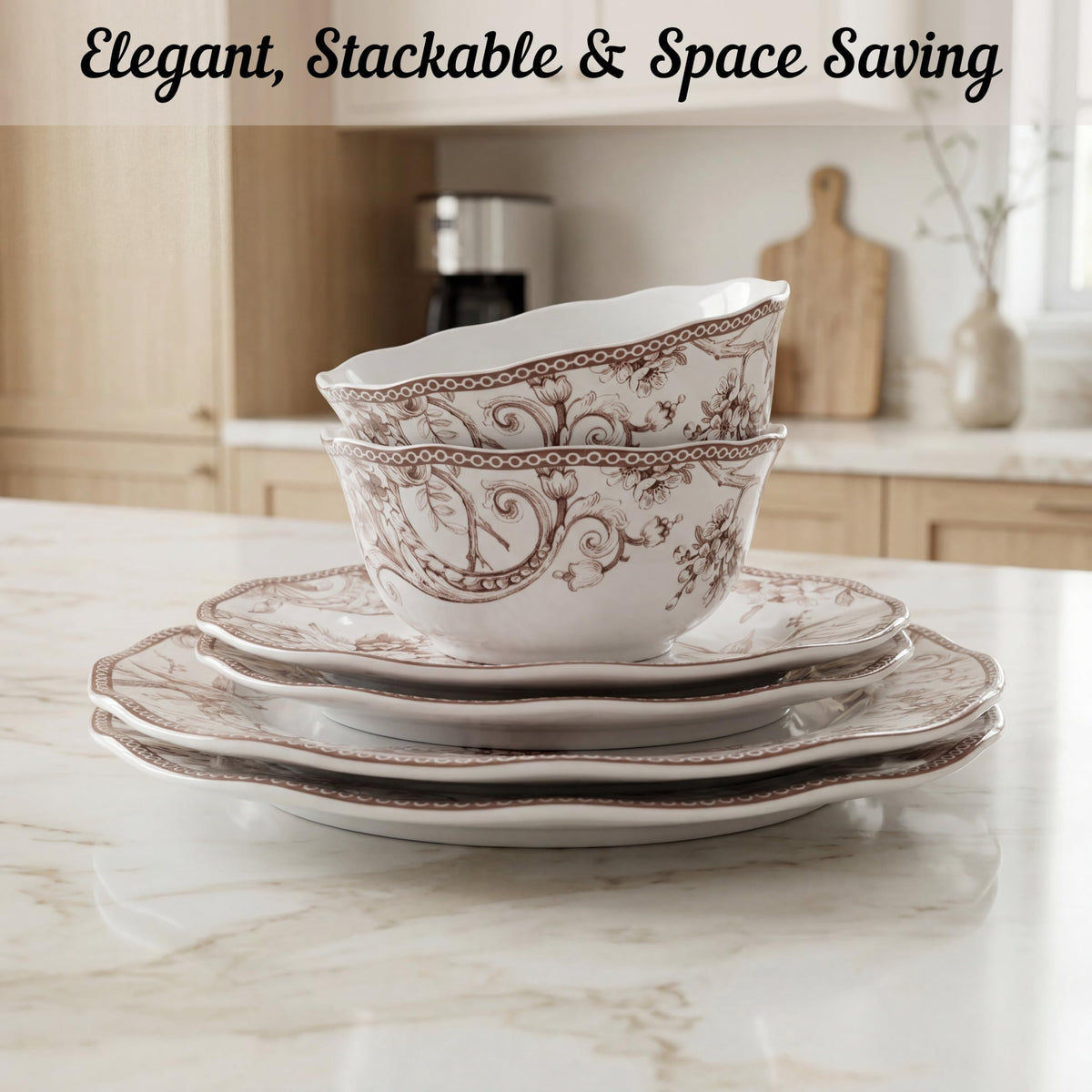 Brown on White 12-Piece Porcelain Dinnerware Set A287252