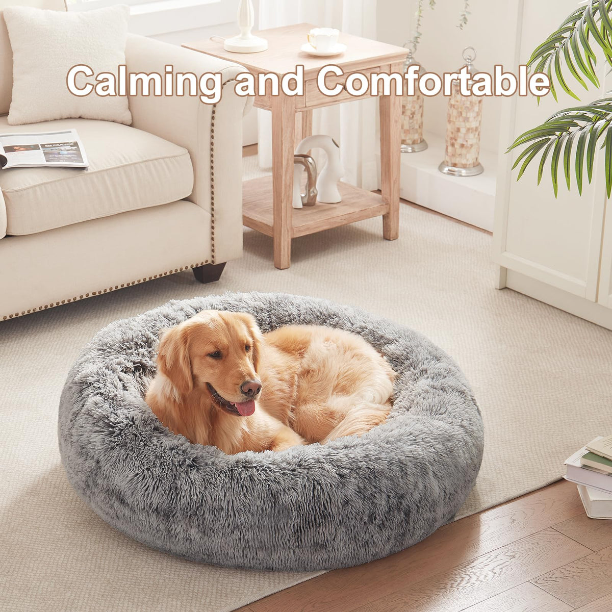 36 inches Faux Fur Fluffy Donut Dog Bed Dark Grey P63440