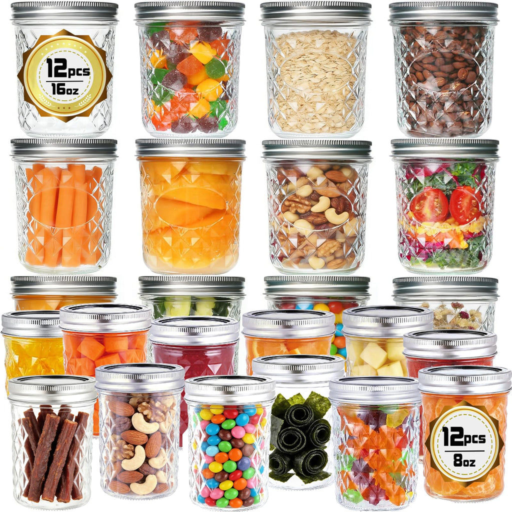 8oz & 16oz 24 Pack Canning Glass Jars with Airtight Lids J442