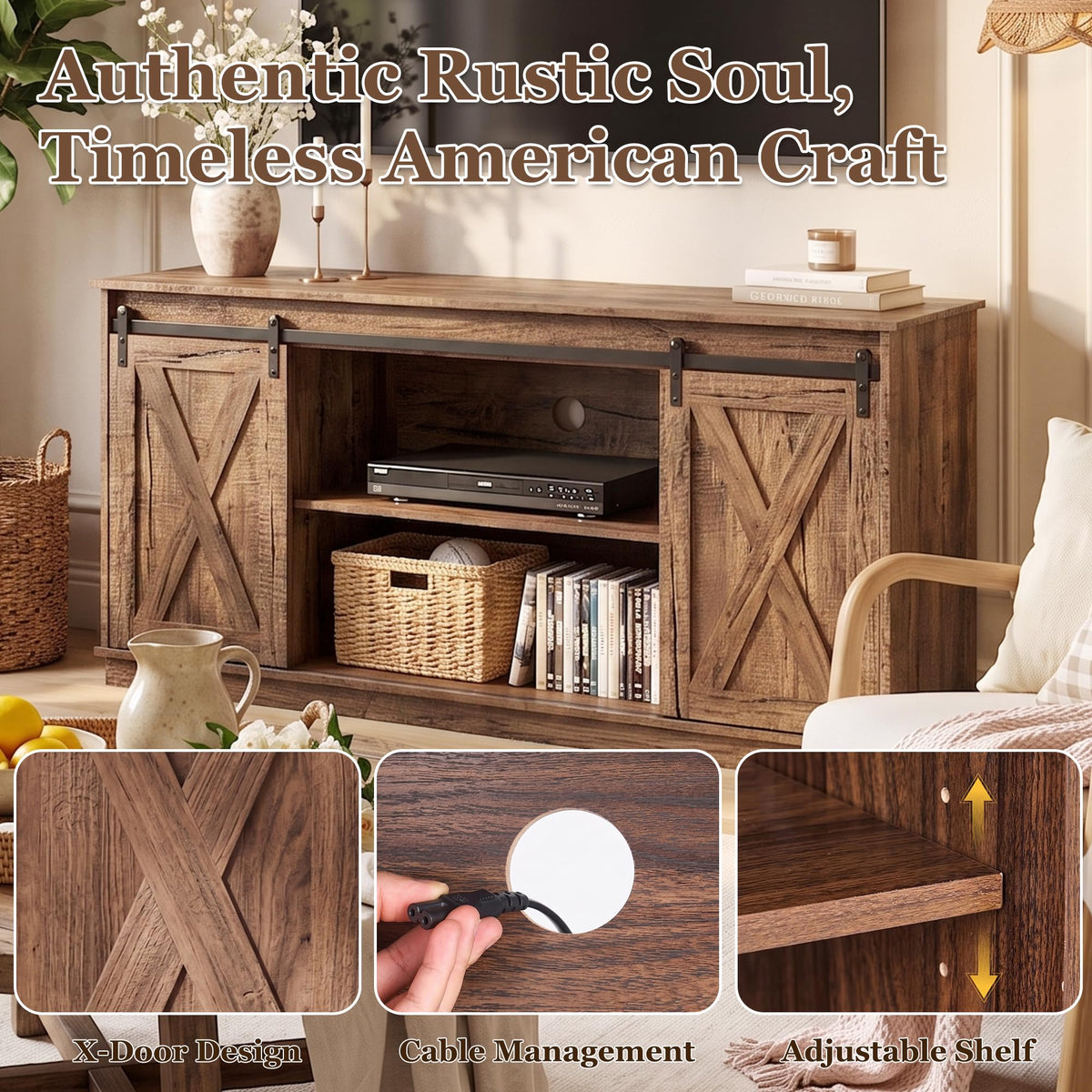 65 Inch Rustic Brown Farmhouse TV Stand B286403