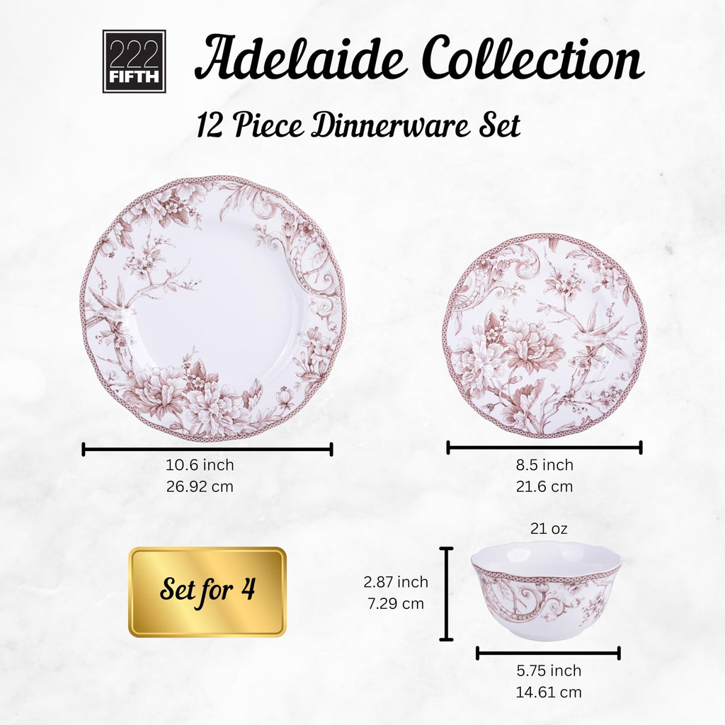 Brown on White 12-Piece Porcelain Dinnerware Set A287252