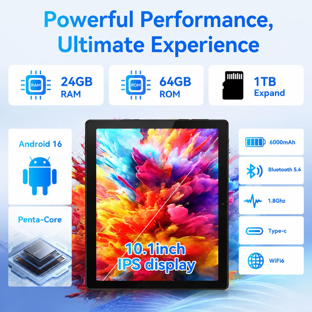 Android 16 Tablet with Keyboard Mouse Stylus Case, 64GB ROM 10.1 inch HD IPS Screen, 6000mAh Battery, WiFi 6 Tablets Bundle A42034