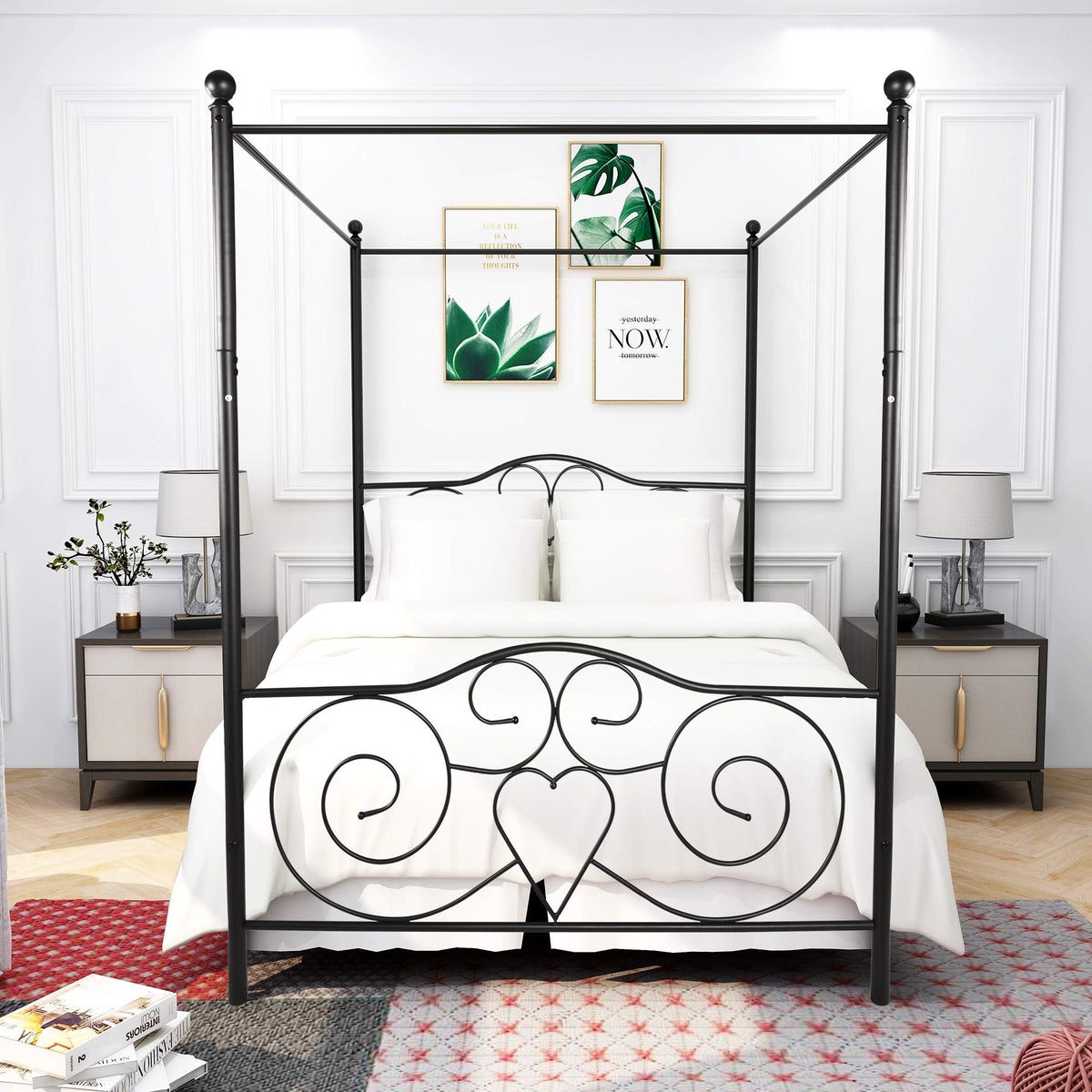 Black Steel Slat Bed Frame with Headboard and Footboard V72548