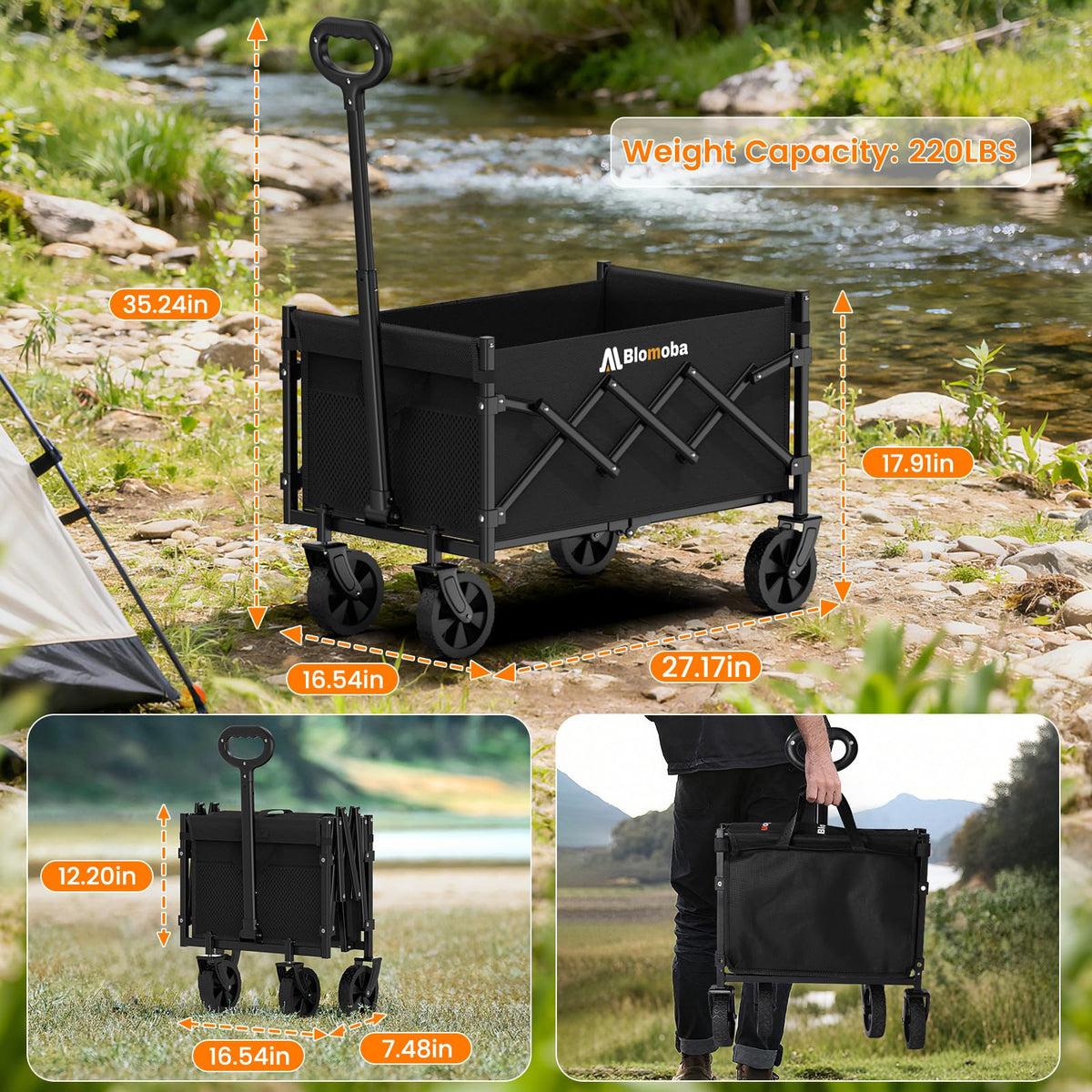 Folding Wagon Cart with Wheels, 220lbs, Black H21383