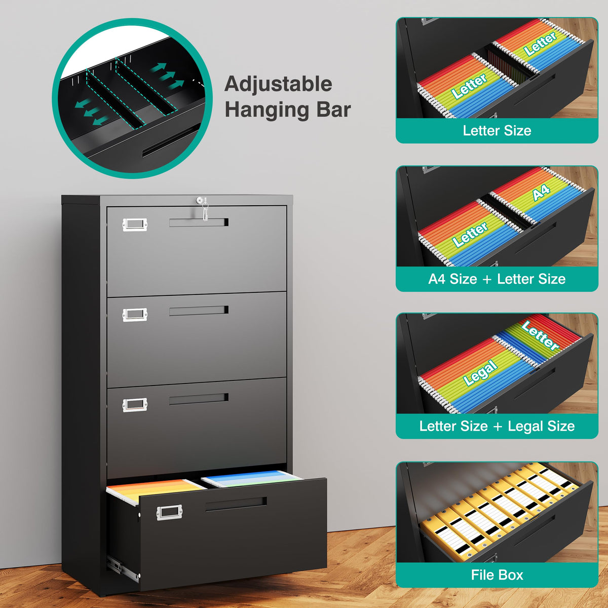 Black 4 Drawer Metal Lateral File Cabinet with Lock K91697