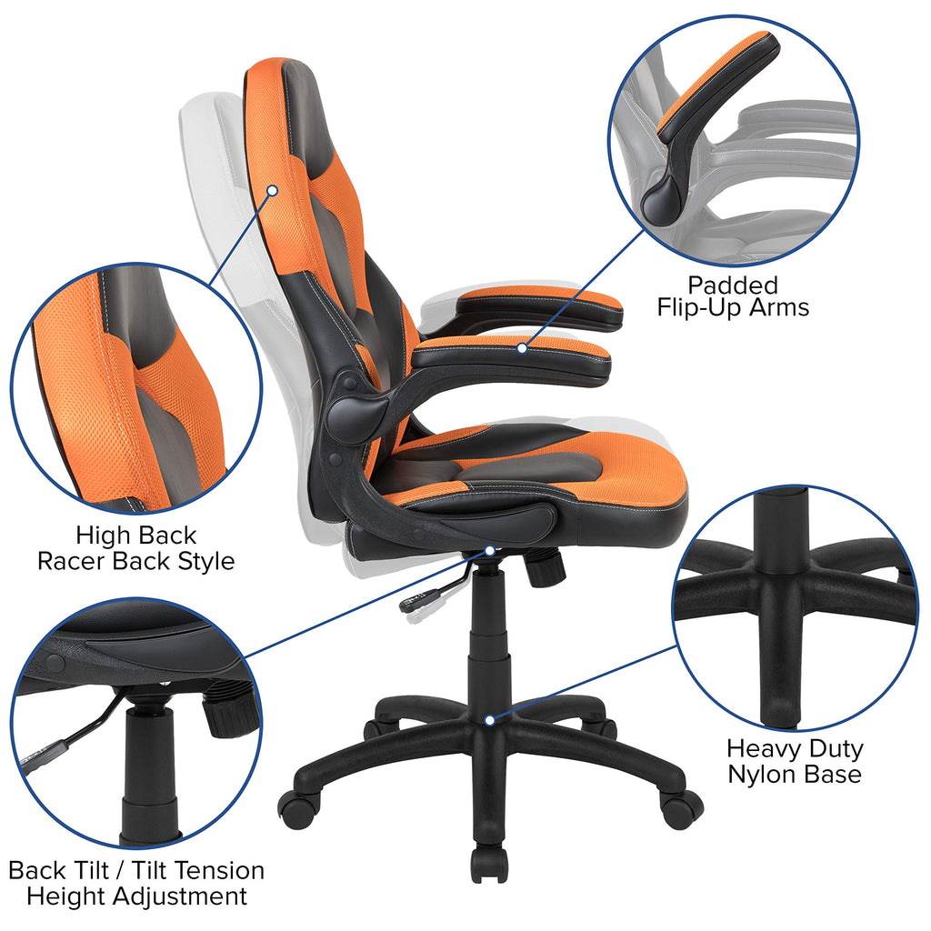 Orange Black Ergonomic Gaming Chair with Flip-up Arms E29986