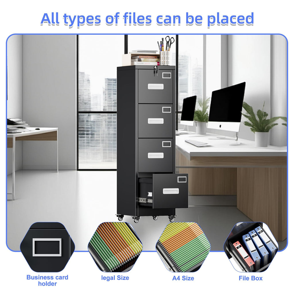 4 Drawer Metal File Cabinet with Lock, Black Q1686