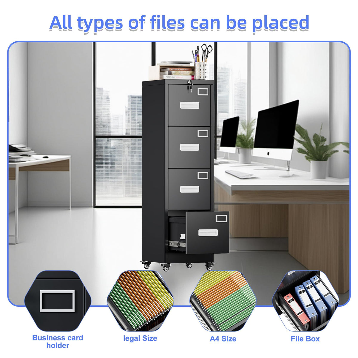 4 Drawer Metal File Cabinet with Lock, Black Q1686