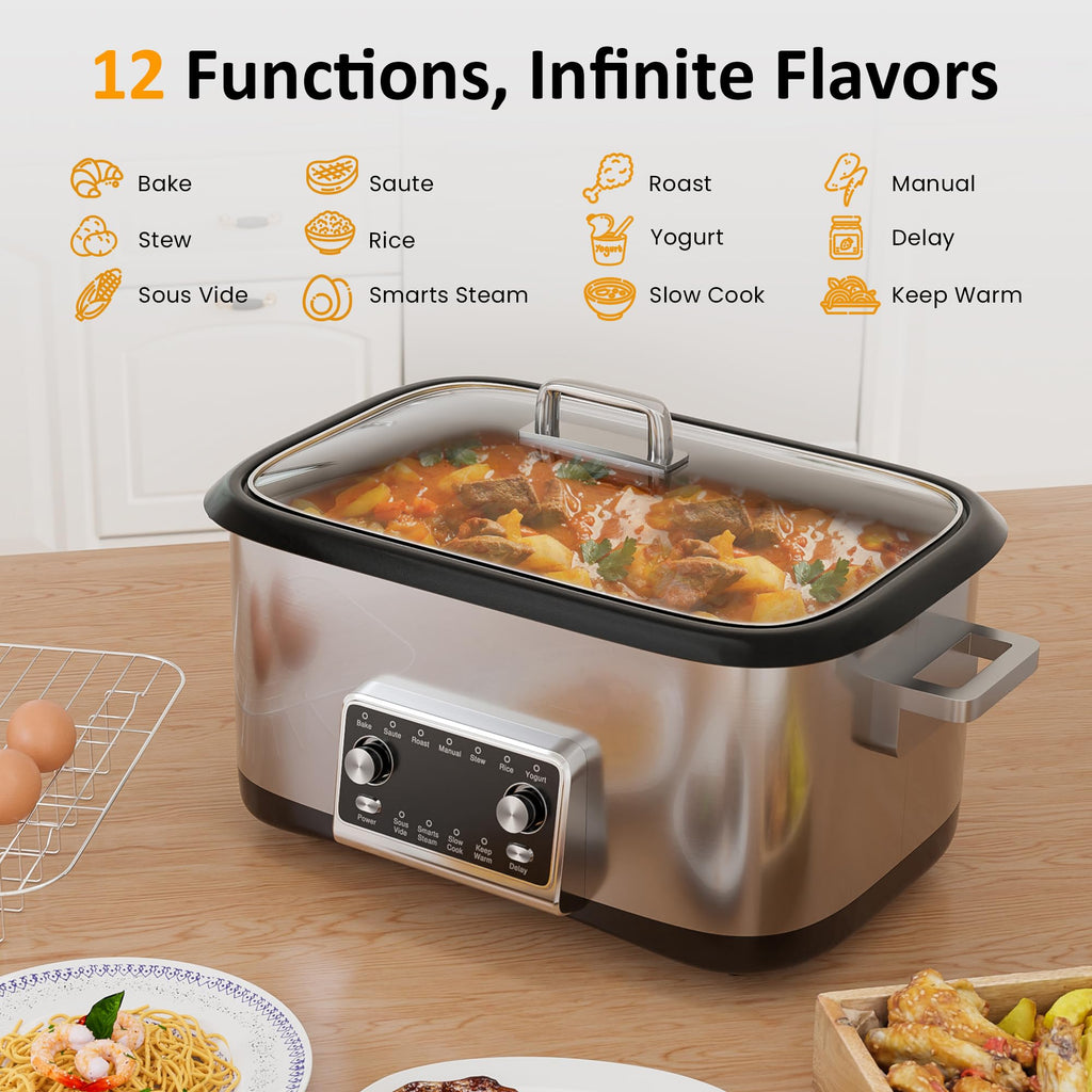 12-in-1 Programmable 8 Quart Slow Cooker with Steaming Rack X950