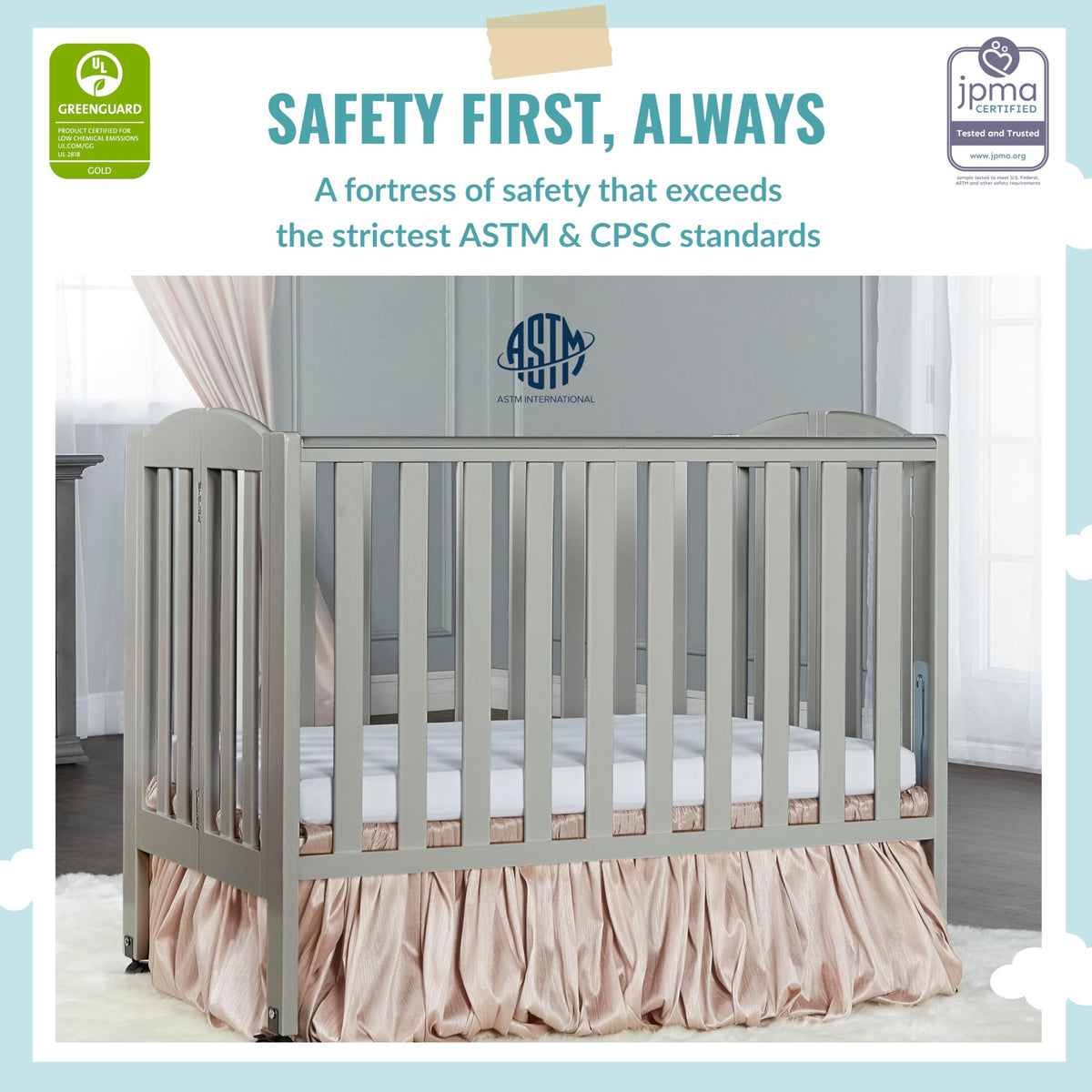 Cool Grey 2 in 1 Folding Portable Crib with 3” Fiber Mattress J62546