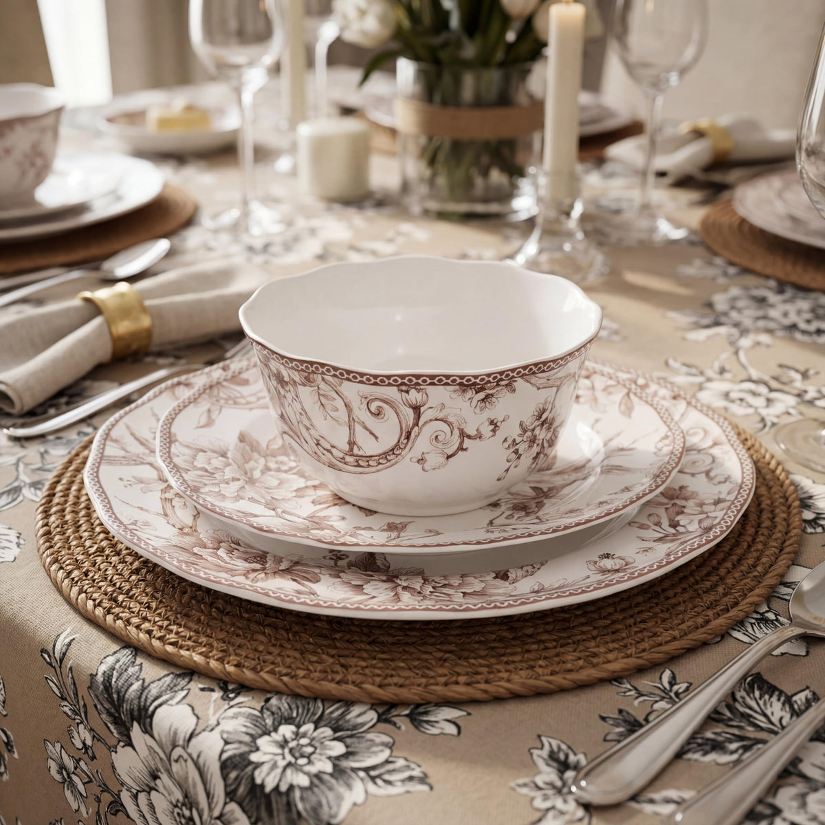 Brown on White 12-Piece Porcelain Dinnerware Set A287252