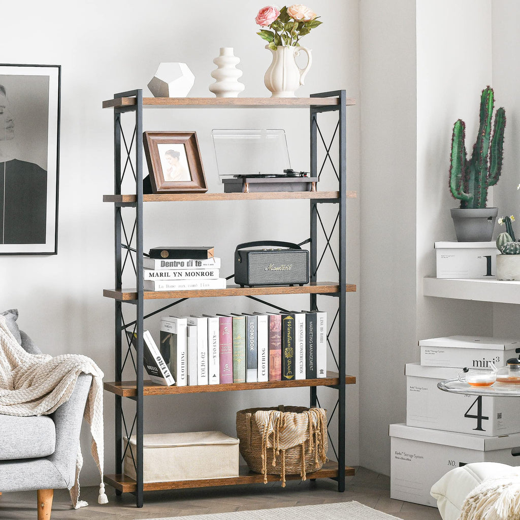 5-Tier Industrial Bookshelf with Metal Frame B6392