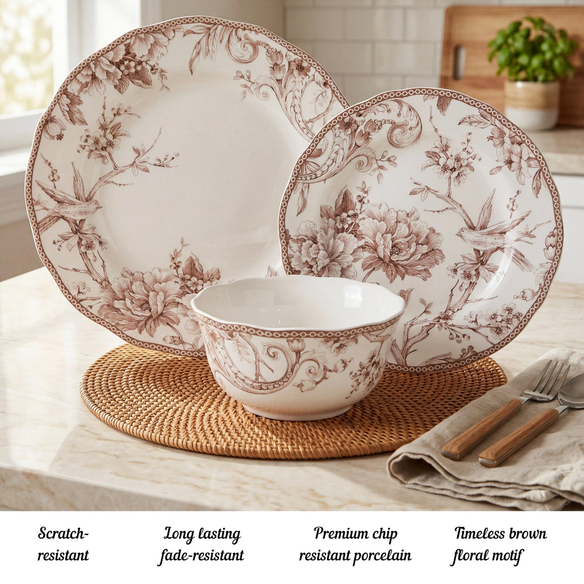 Brown on White 12-Piece Porcelain Dinnerware Set A287252