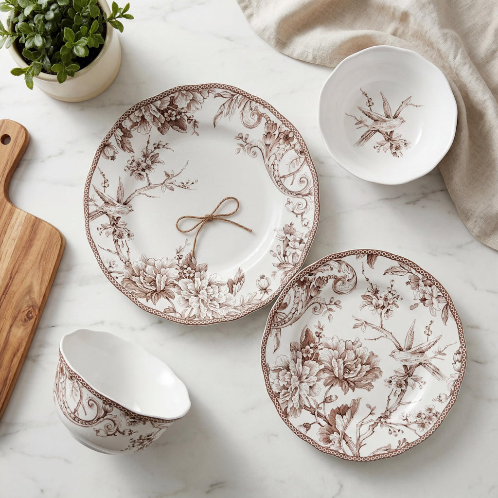 Brown on White 12-Piece Porcelain Dinnerware Set A287252